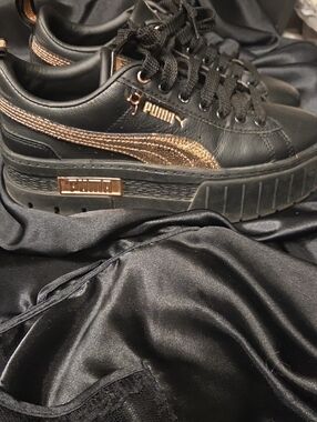 Puma Black Platform Sneakers with Rose Gold Striping